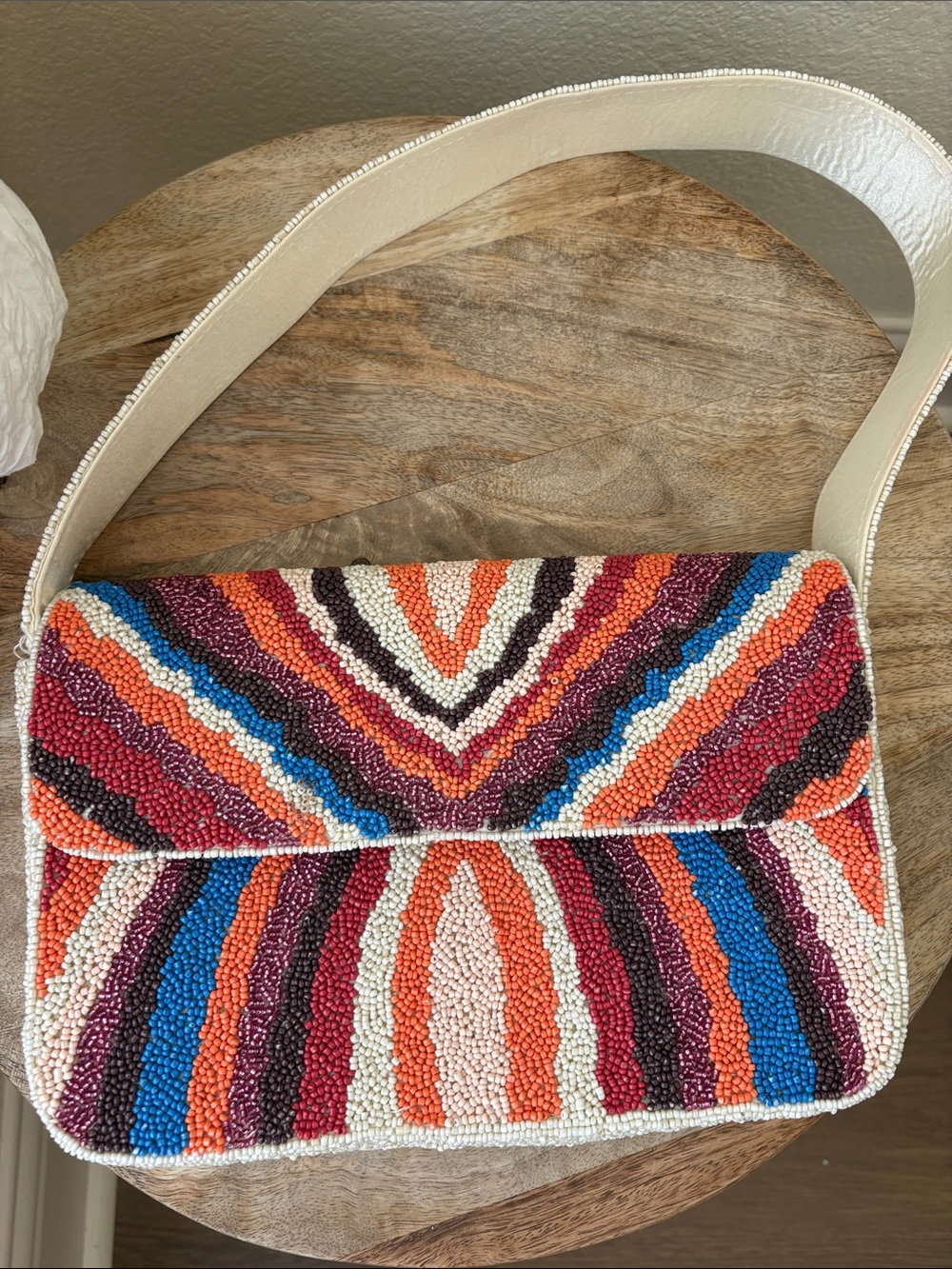 Beaded Multicolor Shoulder Bag - Cream Strap